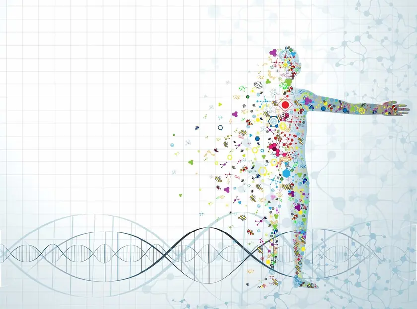 Illustration of a human figure made of colourful particles above a DNA strand