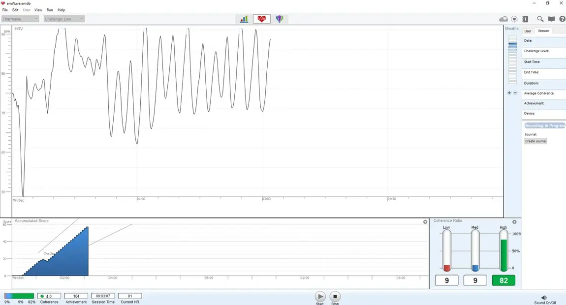 HRV biofeedback software showing a heart rhythm wave